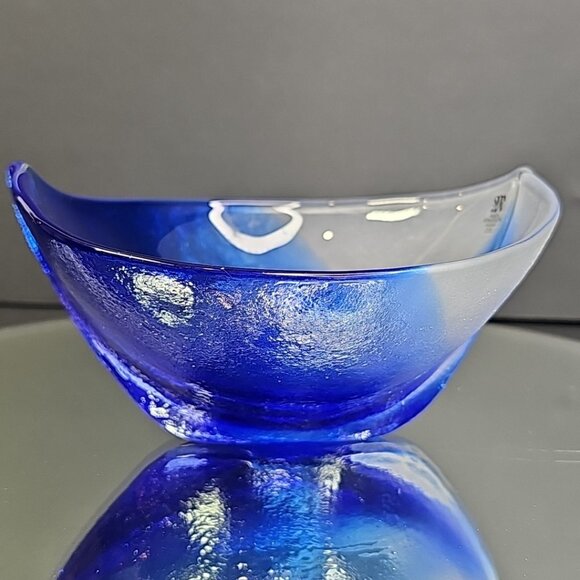 Mats Jonasson Hand Blown Glass Cobalt Blue White Dish Bowl Signed Nautical Ship - Picture 14 of 15